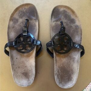 Tory Burch Cloud Cork Black Patent Logo Sandals Slides